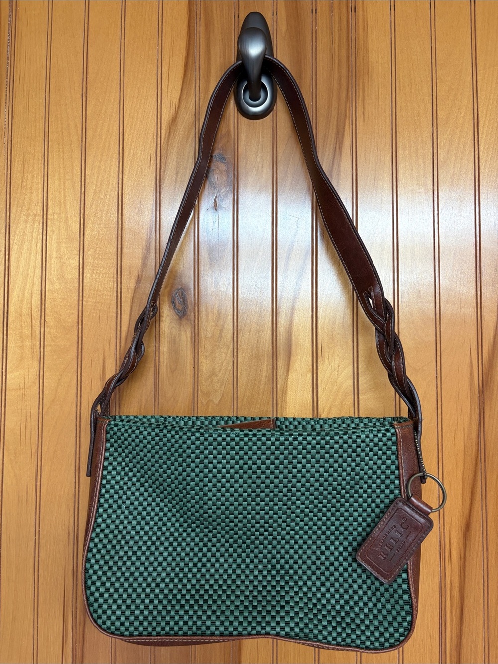 Relic Green Checkerboard Basket Weave Shoulder Bag with Braided Strap. 90s/Y2K